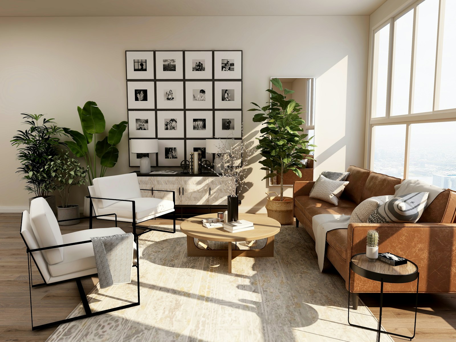 Bright living room with a leather sofa, armchairs and a wooden coffee table