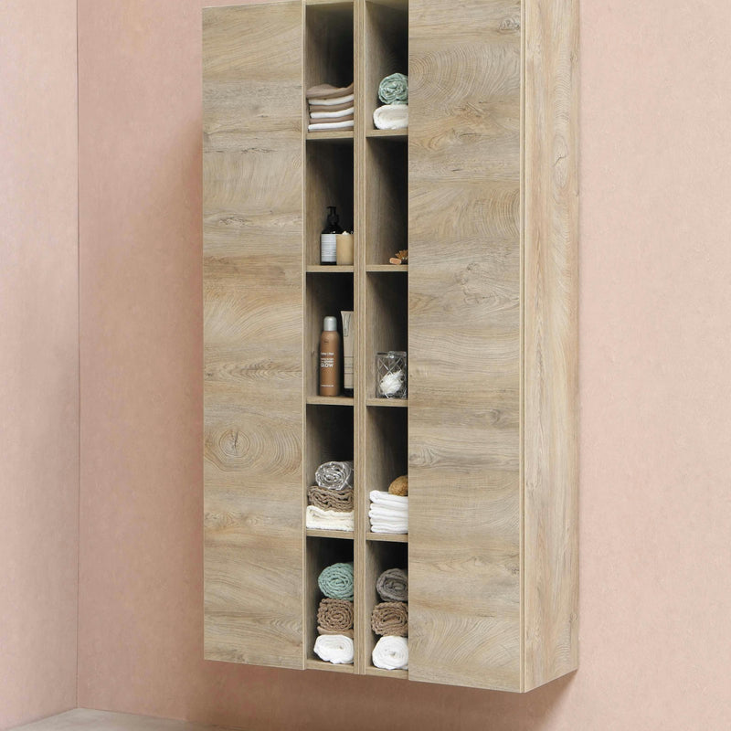 Tall light oak bookcase with open cubby shelves