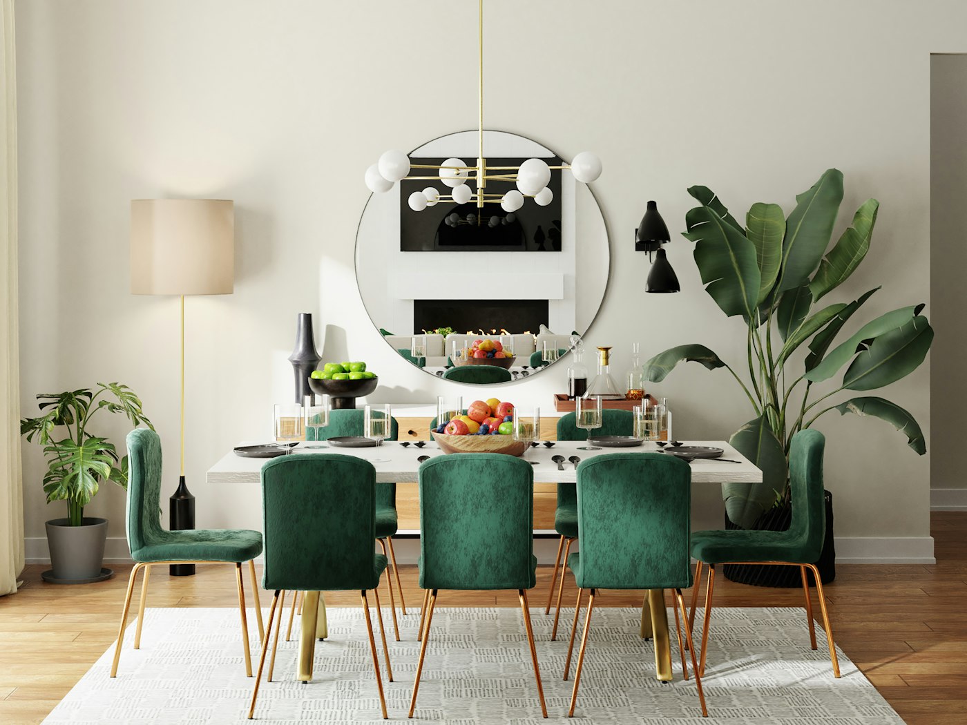 Dining room with green velvet chairs around a wooden table